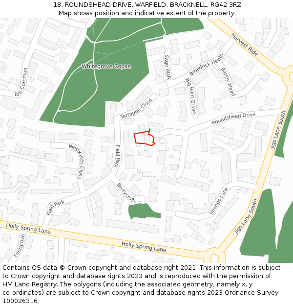 18, ROUNDSHEAD DRIVE, WARFIELD, BRACKNELL, RG42 3RZ: Location map and indicative extent of plot
