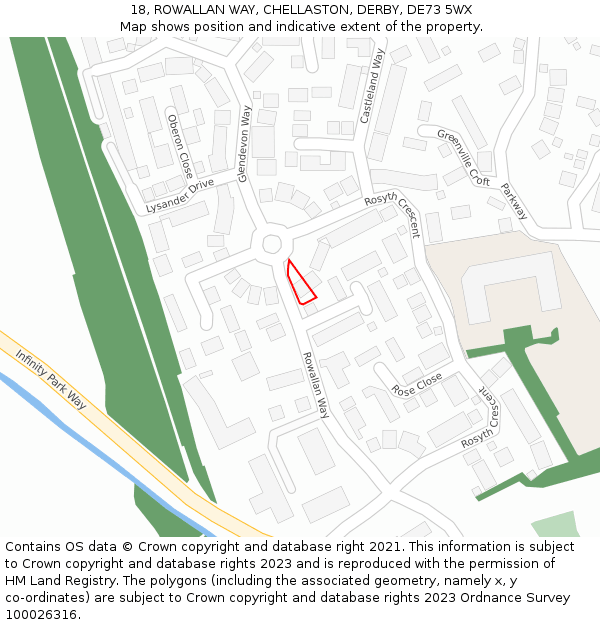 18, ROWALLAN WAY, CHELLASTON, DERBY, DE73 5WX: Location map and indicative extent of plot