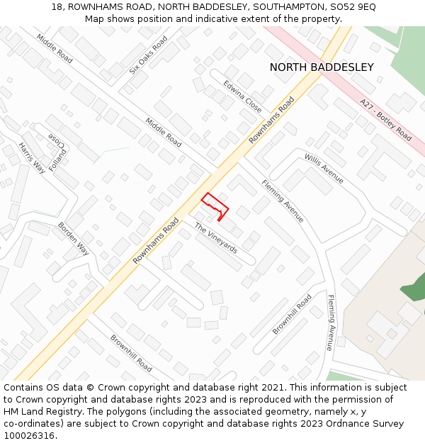 18, ROWNHAMS ROAD, NORTH BADDESLEY, SOUTHAMPTON, SO52 9EQ: Location map and indicative extent of plot