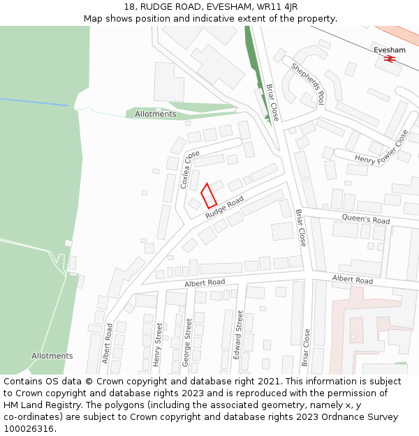 18, RUDGE ROAD, EVESHAM, WR11 4JR: Location map and indicative extent of plot