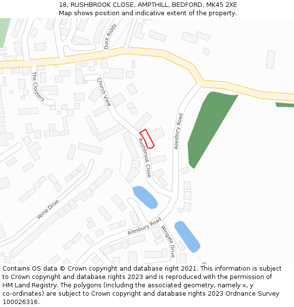 18, RUSHBROOK CLOSE, AMPTHILL, BEDFORD, MK45 2XE: Location map and indicative extent of plot