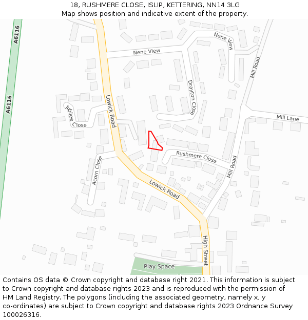 18, RUSHMERE CLOSE, ISLIP, KETTERING, NN14 3LG: Location map and indicative extent of plot