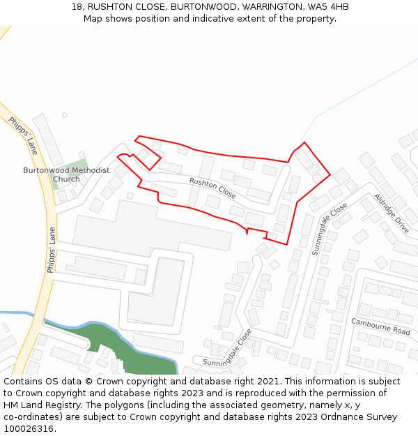 18, RUSHTON CLOSE, BURTONWOOD, WARRINGTON, WA5 4HB: Location map and indicative extent of plot