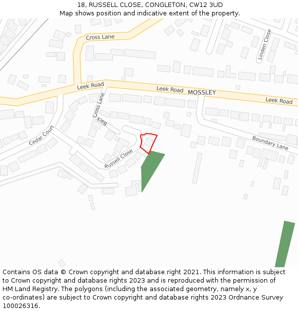 18, RUSSELL CLOSE, CONGLETON, CW12 3UD: Location map and indicative extent of plot