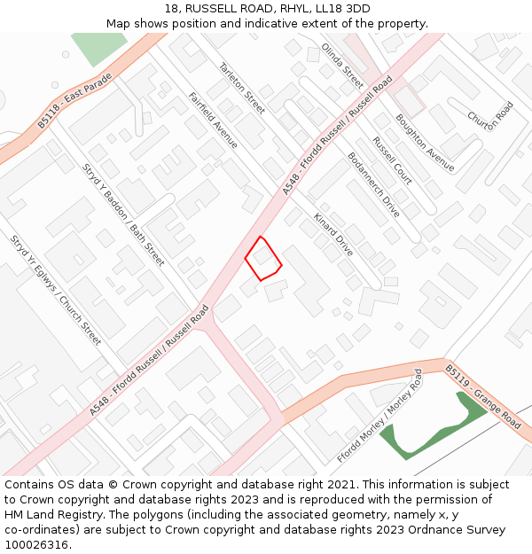 18, RUSSELL ROAD, RHYL, LL18 3DD: Location map and indicative extent of plot