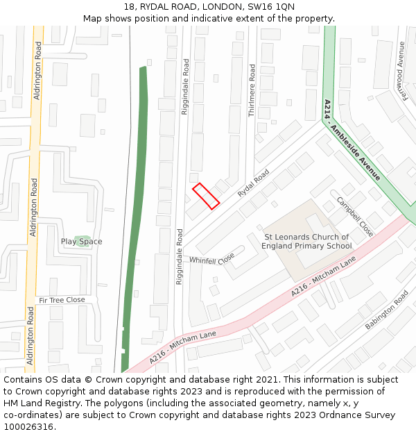 18, RYDAL ROAD, LONDON, SW16 1QN: Location map and indicative extent of plot