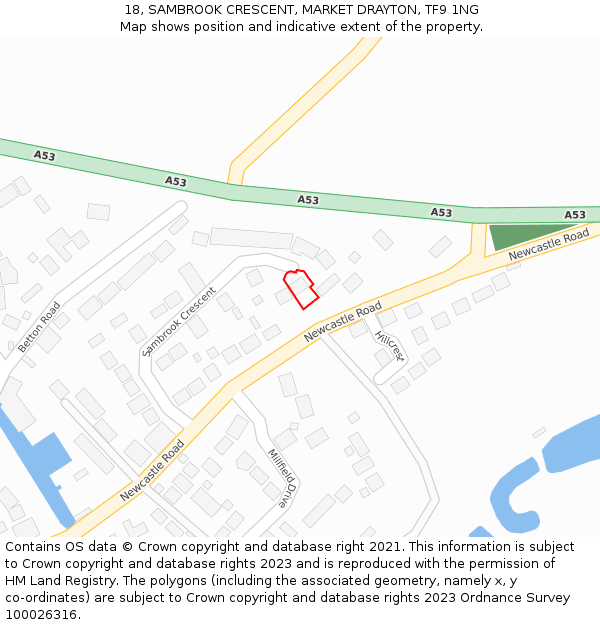 18, SAMBROOK CRESCENT, MARKET DRAYTON, TF9 1NG: Location map and indicative extent of plot