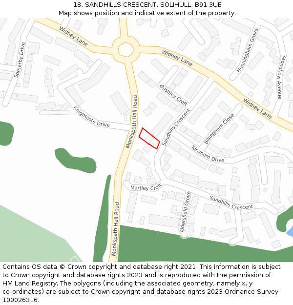 18, SANDHILLS CRESCENT, SOLIHULL, B91 3UE: Location map and indicative extent of plot