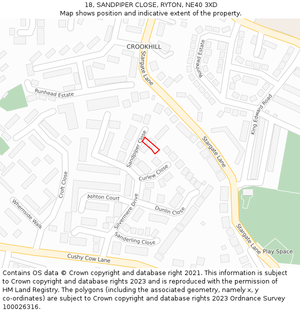 18, SANDPIPER CLOSE, RYTON, NE40 3XD: Location map and indicative extent of plot