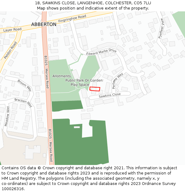 18, SAWKINS CLOSE, LANGENHOE, COLCHESTER, CO5 7LU: Location map and indicative extent of plot