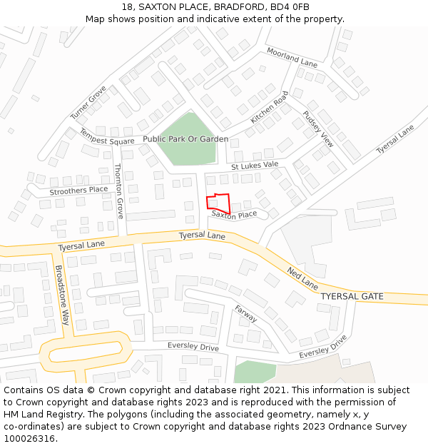 18, SAXTON PLACE, BRADFORD, BD4 0FB: Location map and indicative extent of plot