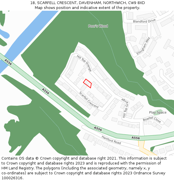 18, SCARFELL CRESCENT, DAVENHAM, NORTHWICH, CW9 8XD: Location map and indicative extent of plot