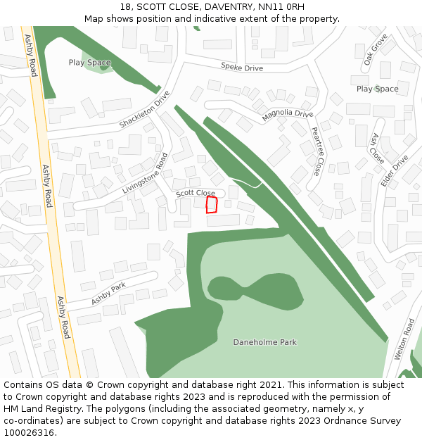 18, SCOTT CLOSE, DAVENTRY, NN11 0RH: Location map and indicative extent of plot