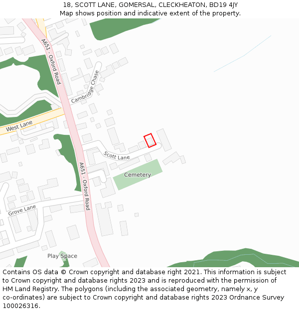 18, SCOTT LANE, GOMERSAL, CLECKHEATON, BD19 4JY: Location map and indicative extent of plot