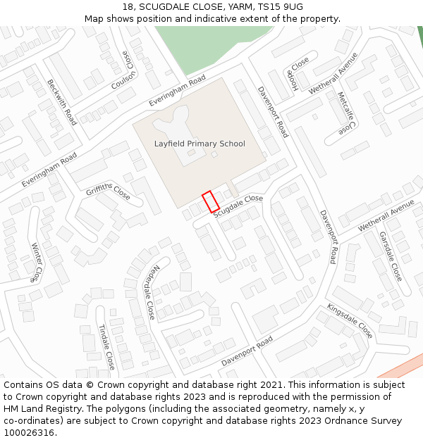 18, SCUGDALE CLOSE, YARM, TS15 9UG: Location map and indicative extent of plot