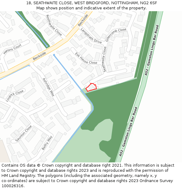 18, SEATHWAITE CLOSE, WEST BRIDGFORD, NOTTINGHAM, NG2 6SF: Location map and indicative extent of plot