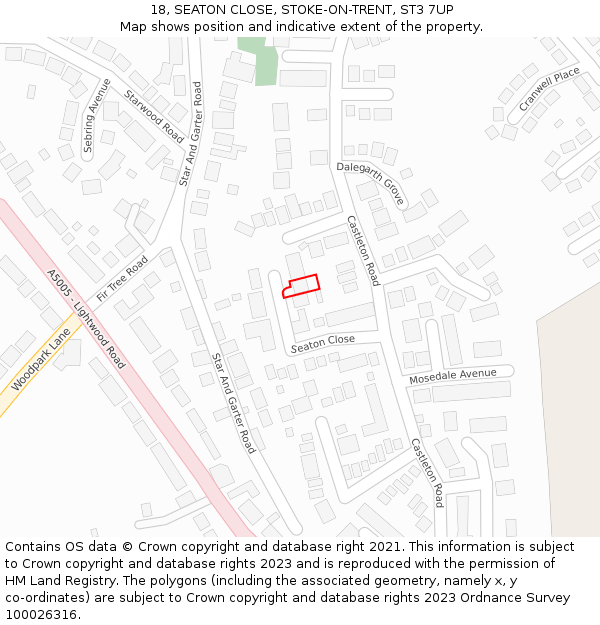 18, SEATON CLOSE, STOKE-ON-TRENT, ST3 7UP: Location map and indicative extent of plot