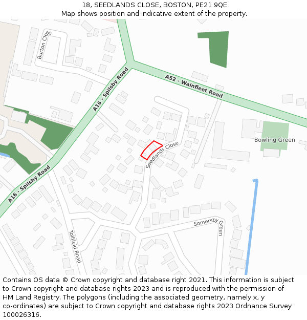 18, SEEDLANDS CLOSE, BOSTON, PE21 9QE: Location map and indicative extent of plot