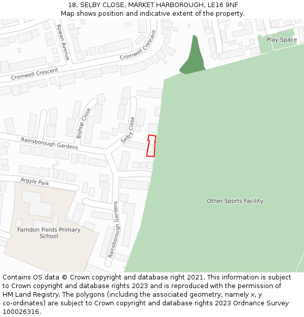 18, SELBY CLOSE, MARKET HARBOROUGH, LE16 9NF: Location map and indicative extent of plot