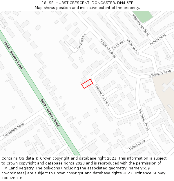 18, SELHURST CRESCENT, DONCASTER, DN4 6EF: Location map and indicative extent of plot