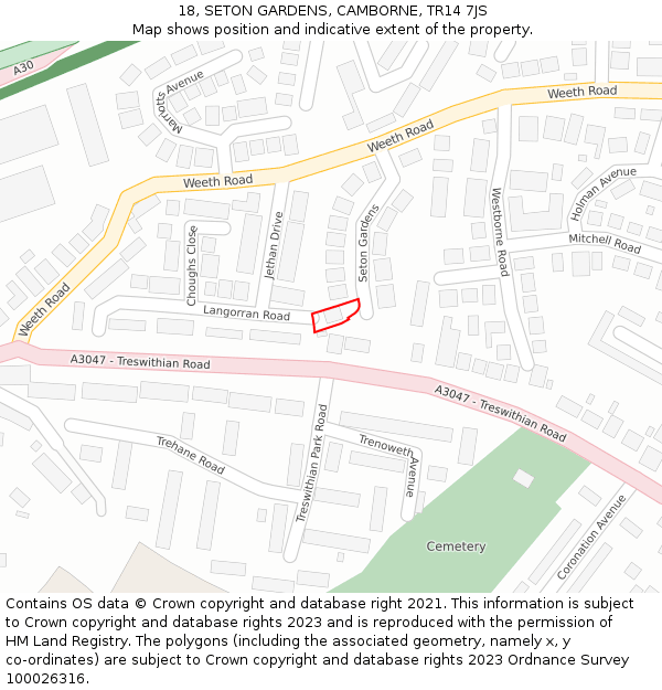 18, SETON GARDENS, CAMBORNE, TR14 7JS: Location map and indicative extent of plot