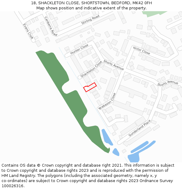 18, SHACKLETON CLOSE, SHORTSTOWN, BEDFORD, MK42 0FH: Location map and indicative extent of plot