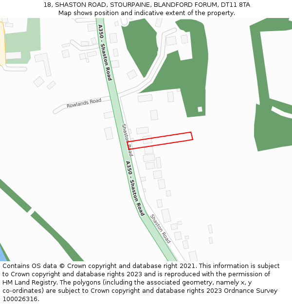 18, SHASTON ROAD, STOURPAINE, BLANDFORD FORUM, DT11 8TA: Location map and indicative extent of plot