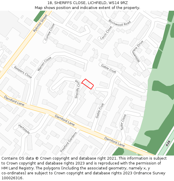 18, SHERIFFS CLOSE, LICHFIELD, WS14 9RZ: Location map and indicative extent of plot