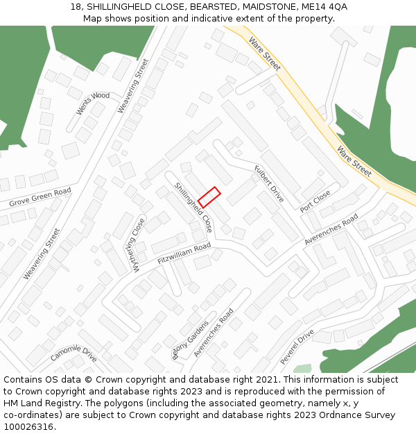 18, SHILLINGHELD CLOSE, BEARSTED, MAIDSTONE, ME14 4QA: Location map and indicative extent of plot