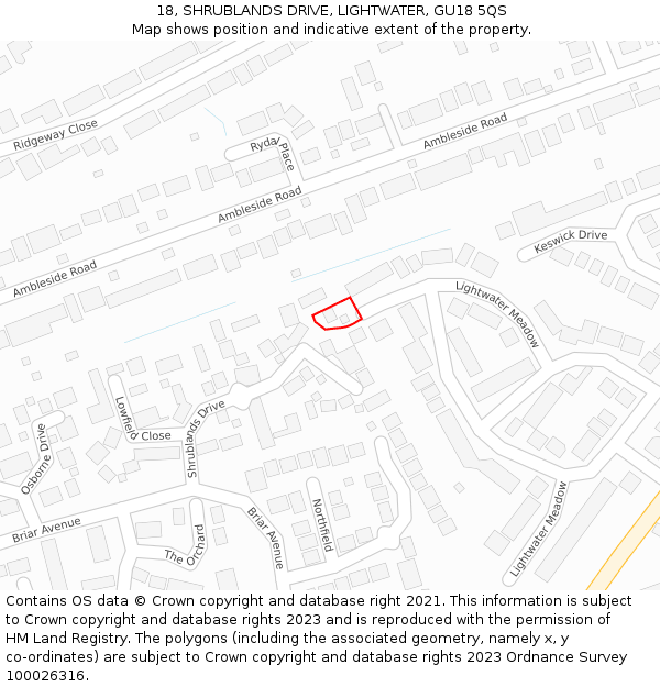 18, SHRUBLANDS DRIVE, LIGHTWATER, GU18 5QS: Location map and indicative extent of plot