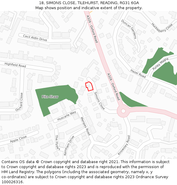 18, SIMONS CLOSE, TILEHURST, READING, RG31 6GA: Location map and indicative extent of plot