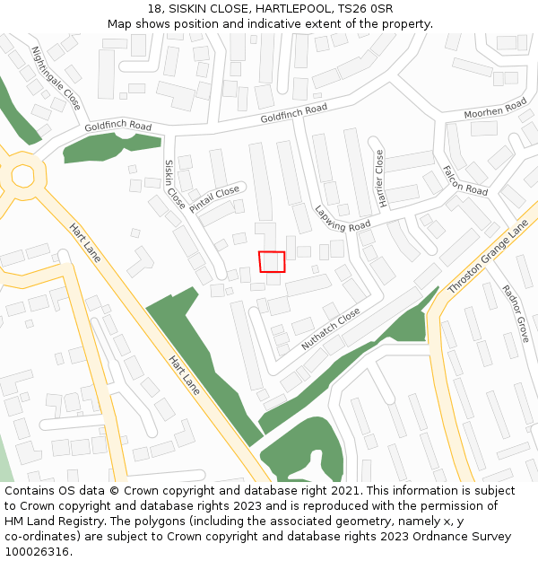 18, SISKIN CLOSE, HARTLEPOOL, TS26 0SR: Location map and indicative extent of plot