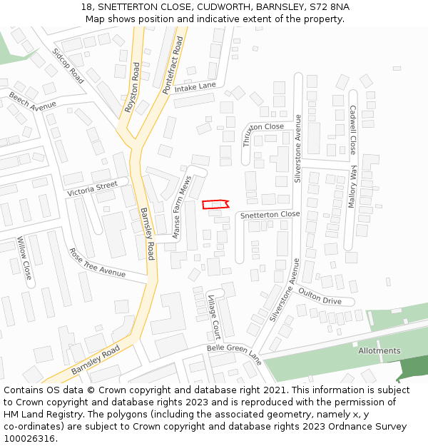 18, SNETTERTON CLOSE, CUDWORTH, BARNSLEY, S72 8NA: Location map and indicative extent of plot