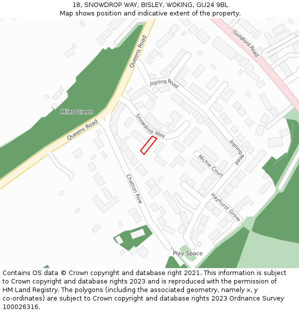 18, SNOWDROP WAY, BISLEY, WOKING, GU24 9BL: Location map and indicative extent of plot