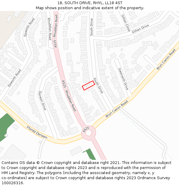 18, SOUTH DRIVE, RHYL, LL18 4ST: Location map and indicative extent of plot