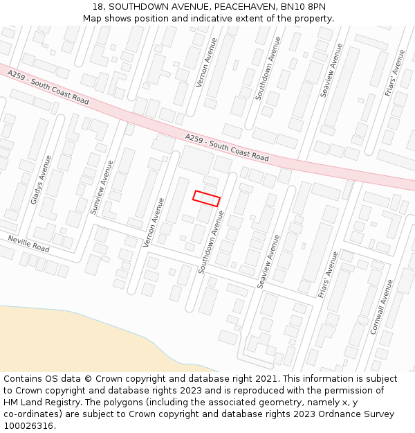 18, SOUTHDOWN AVENUE, PEACEHAVEN, BN10 8PN: Location map and indicative extent of plot