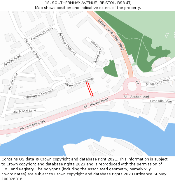 18, SOUTHERNHAY AVENUE, BRISTOL, BS8 4TJ: Location map and indicative extent of plot