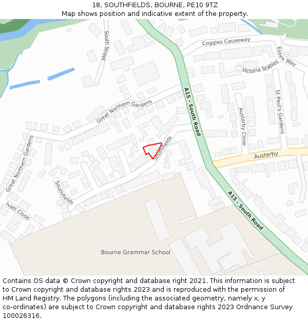 18, SOUTHFIELDS, BOURNE, PE10 9TZ: Location map and indicative extent of plot
