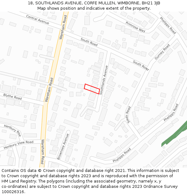 18, SOUTHLANDS AVENUE, CORFE MULLEN, WIMBORNE, BH21 3JB: Location map and indicative extent of plot