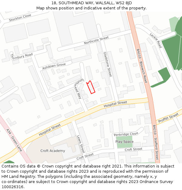 18, SOUTHMEAD WAY, WALSALL, WS2 8JD: Location map and indicative extent of plot