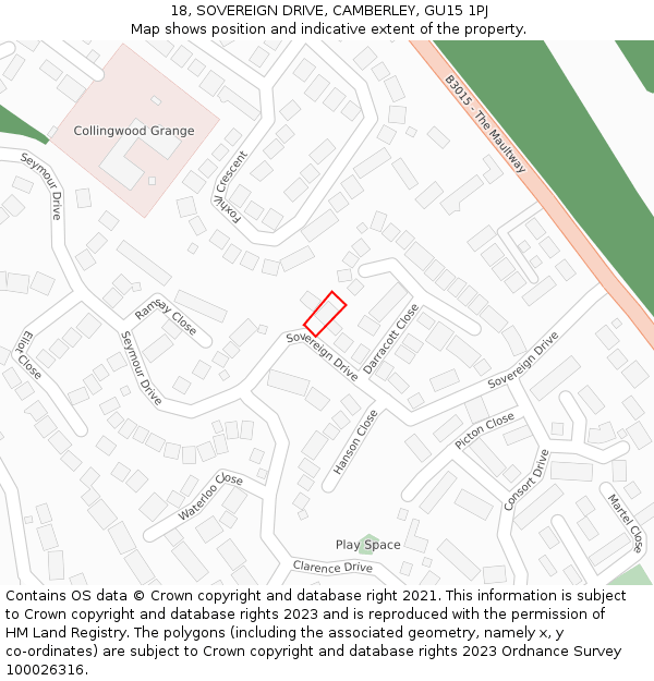 18, SOVEREIGN DRIVE, CAMBERLEY, GU15 1PJ: Location map and indicative extent of plot