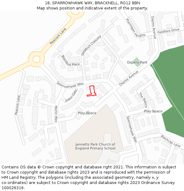 18, SPARROWHAWK WAY, BRACKNELL, RG12 8BN: Location map and indicative extent of plot