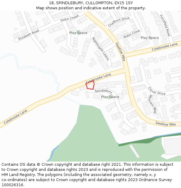 18, SPINDLEBURY, CULLOMPTON, EX15 1SY: Location map and indicative extent of plot