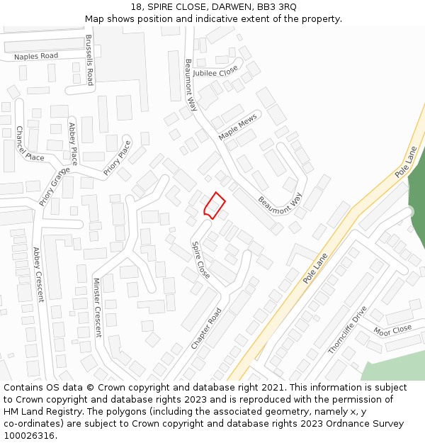 18, SPIRE CLOSE, DARWEN, BB3 3RQ: Location map and indicative extent of plot