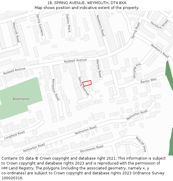 18, SPRING AVENUE, WEYMOUTH, DT4 8XA: Location map and indicative extent of plot