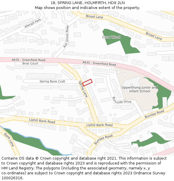 18, SPRING LANE, HOLMFIRTH, HD9 2LN: Location map and indicative extent of plot