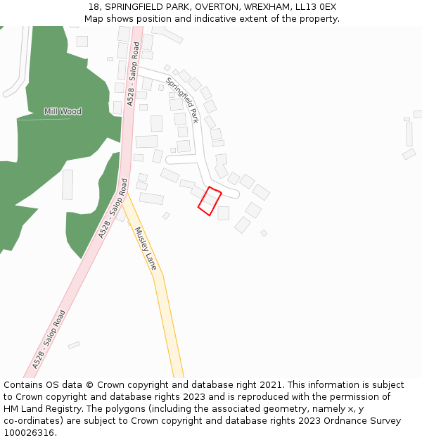 18, SPRINGFIELD PARK, OVERTON, WREXHAM, LL13 0EX: Location map and indicative extent of plot