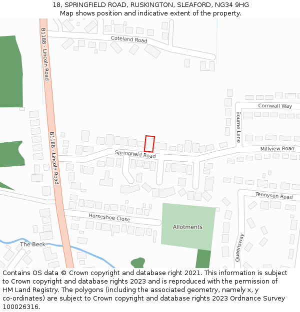 18, SPRINGFIELD ROAD, RUSKINGTON, SLEAFORD, NG34 9HG: Location map and indicative extent of plot