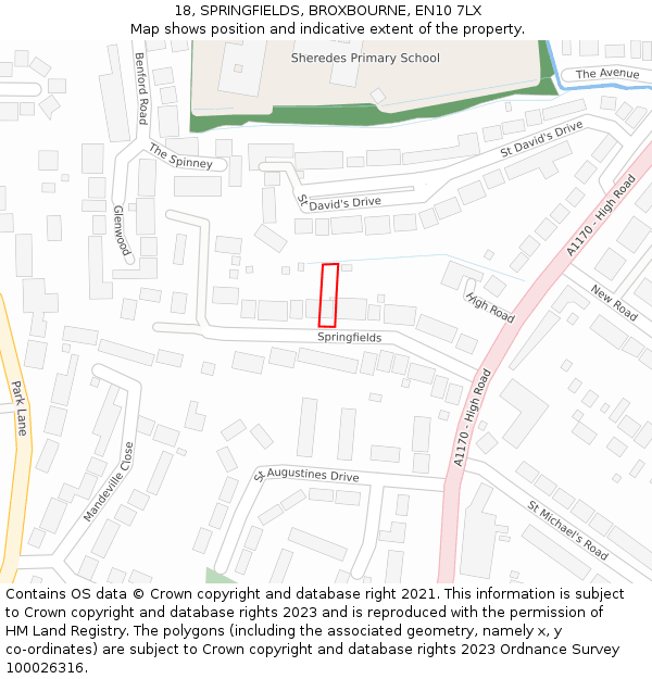 18, SPRINGFIELDS, BROXBOURNE, EN10 7LX: Location map and indicative extent of plot