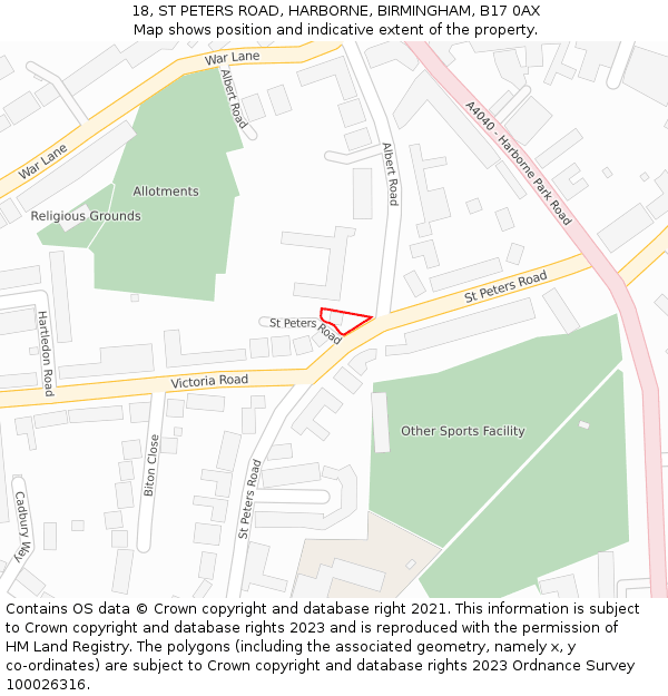 18, ST PETERS ROAD, HARBORNE, BIRMINGHAM, B17 0AX: Location map and indicative extent of plot